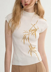 French White Stand Collar Print Cotton Tank Tops Summer