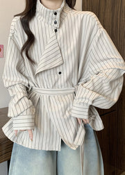 French White Stand Collar Striped Cotton Tunic Coat Fall