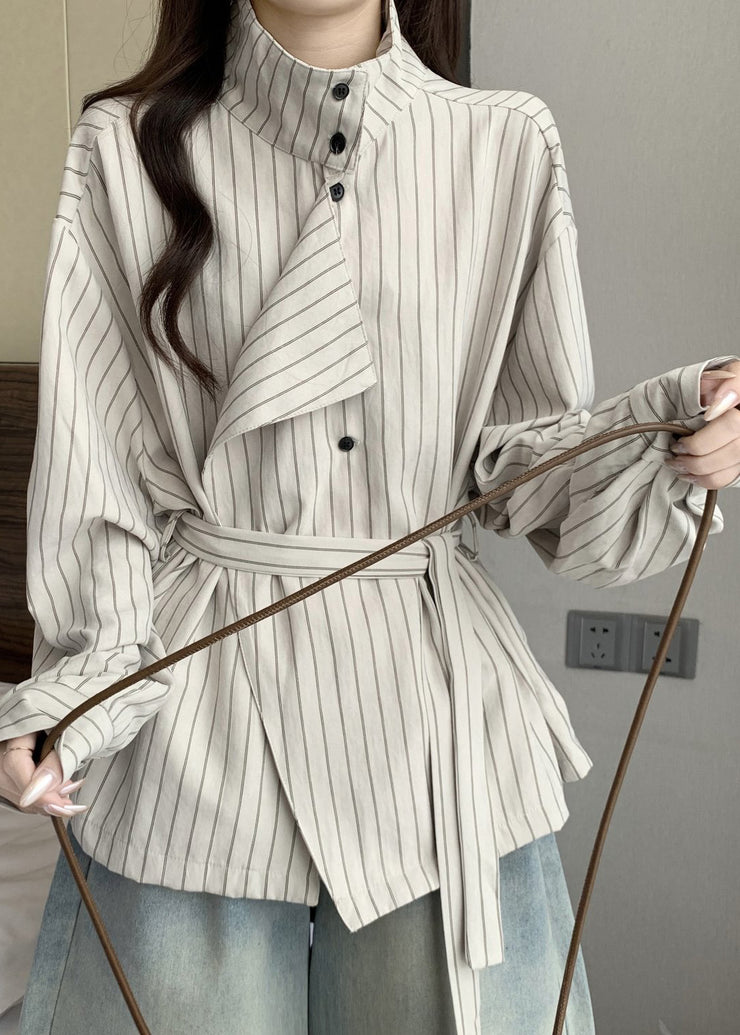 French White Stand Collar Striped Cotton Tunic Coat Fall