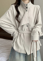 French White Stand Collar Striped Cotton Tunic Coat Fall