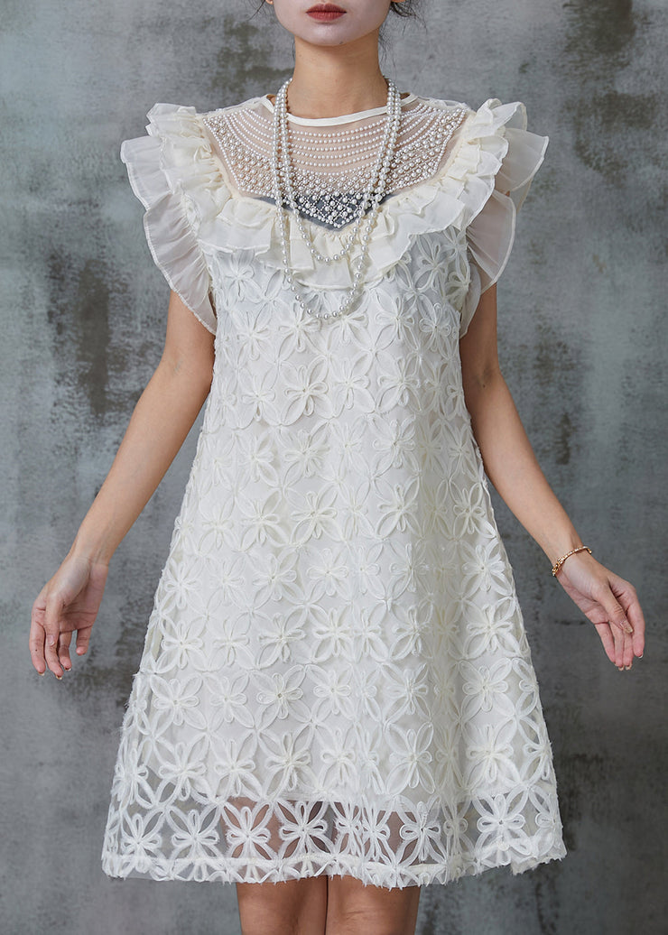 French White Stereoscopic Floral Nail Bead Tulle Mid Dress Summer