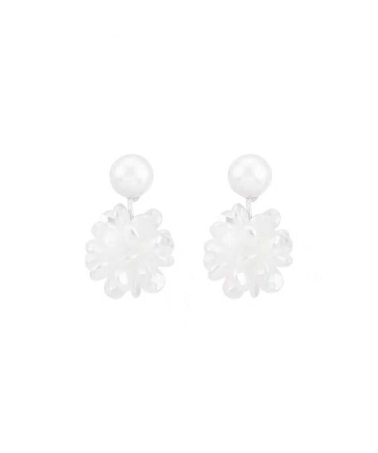 French White Sterling Silver Pearl Resin Floral Stud Earrings