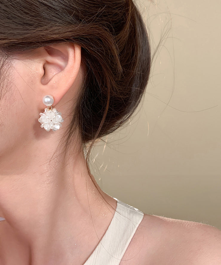 French White Sterling Silver Pearl Resin Hydrangea Stud Earrings
