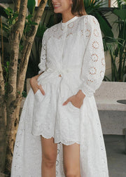 French White Tie Waist Hollow Out Lace 2 Piece Outfit Fall