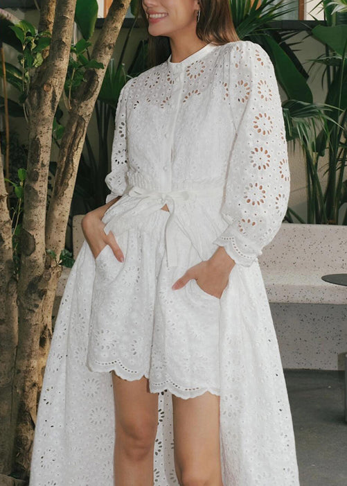 French White Tie Waist Hollow Out Lace 2 Piece Outfit Fall