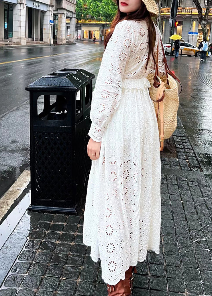 French White Tie Waist Hollow Out Lace 2 Piece Outfit Fall
