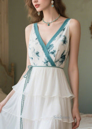 French White Tie Waist Print Chiffon Maxi Dresses Summer