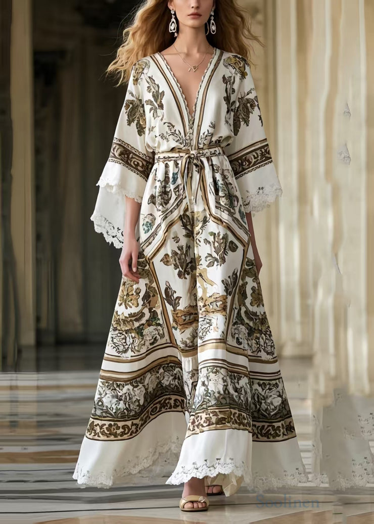 French White Tie Waist Print Exra Large Hem Party Dresses Summer
