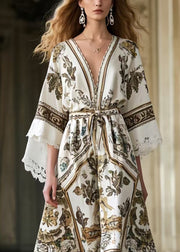 French White Tie Waist Print Exra Large Hem Party Dresses Summer