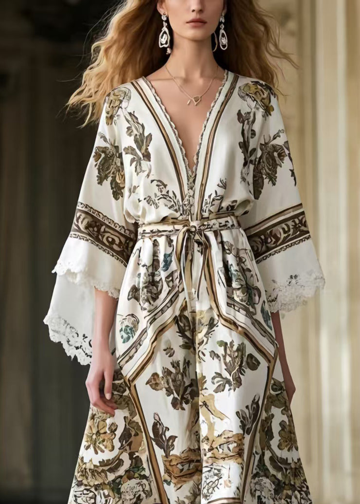French White Tie Waist Print Exra Large Hem Party Dresses Summer