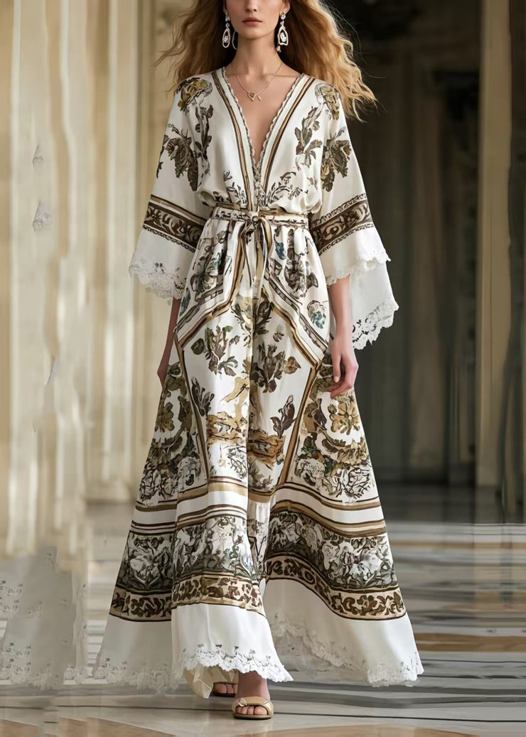 French White Tie Waist Print Exra Large Hem Party Dresses Summer