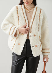 French White V Neck Button Patchwork Woolen Coats Winter
