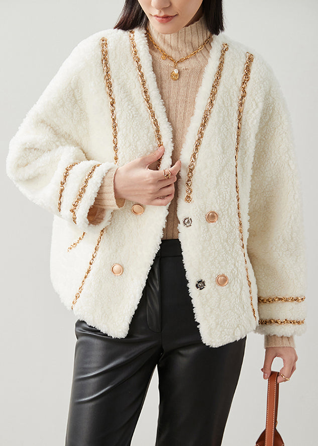 French White V Neck Button Patchwork Woolen Coats Winter