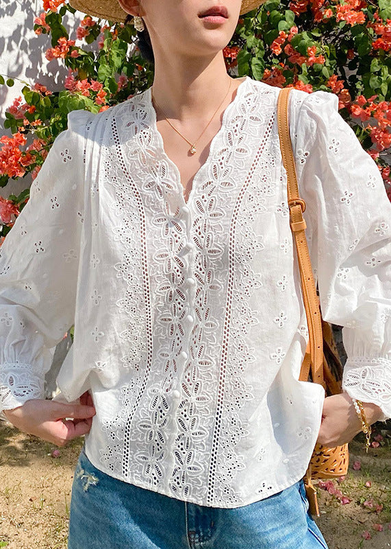 French White V Neck Embroidered Hollow Out Cotton Shirt Spring