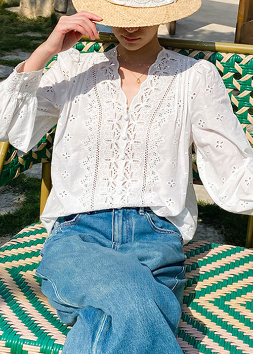 French White V Neck Embroidered Hollow Out Cotton Shirt Spring