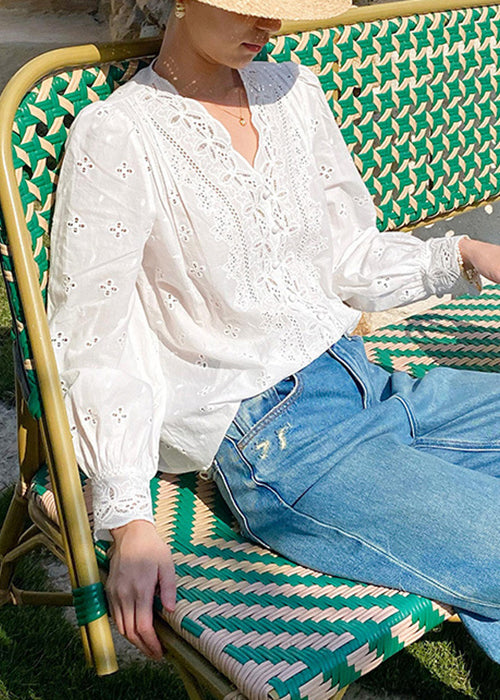 French White V Neck Embroidered Hollow Out Cotton Shirt Spring
