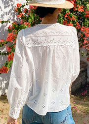 French White V Neck Embroidered Hollow Out Cotton Shirt Spring