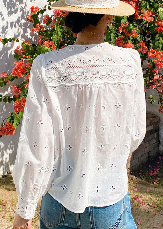 French White V Neck Embroidered Hollow Out Cotton Shirt Spring