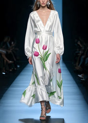 French White V Neck Floral Silk Holiday Dress Spring
