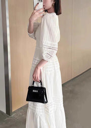 French White V Neck Hollow Out Cotton Dress Bracelet Sleeve