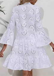 French White V Neck Hollow Out Holiday Lace Long Dress Fall
