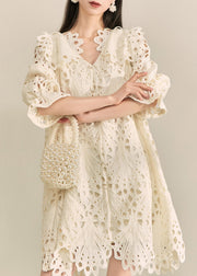 French White V Neck Hollow Out Holiday Mid Dress Fall