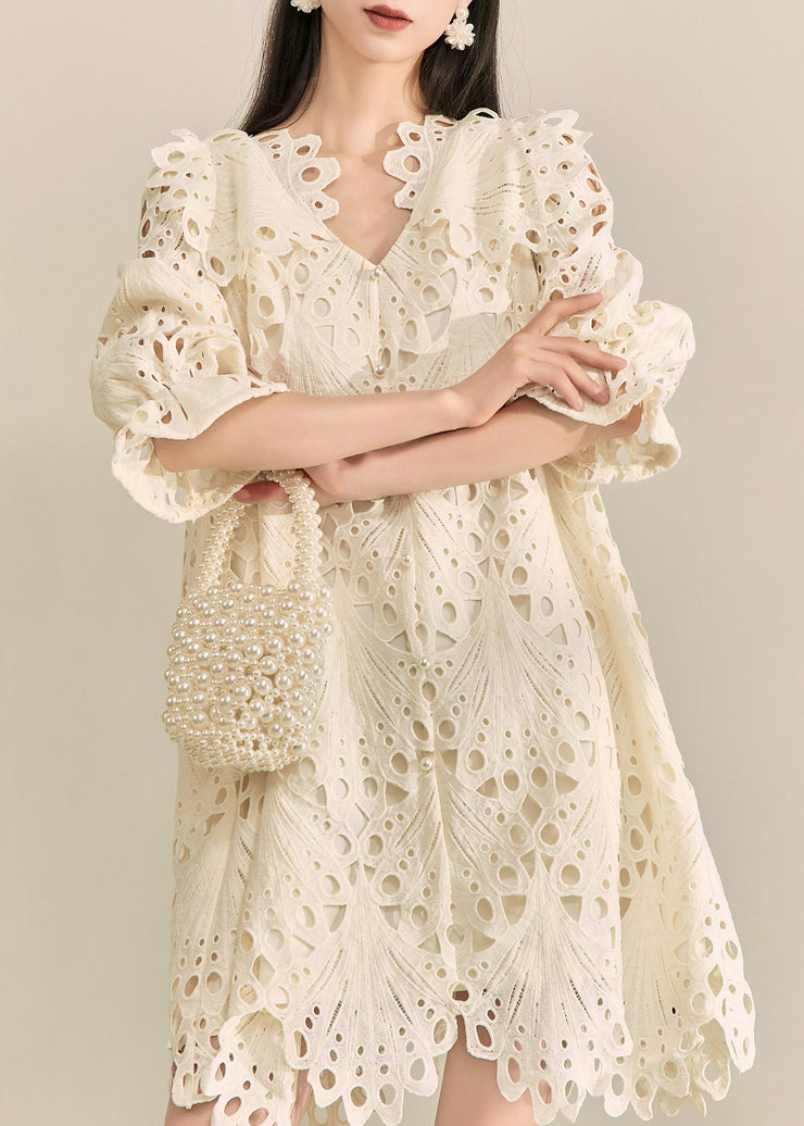 French White V Neck Hollow Out Holiday Mid Dress Fall