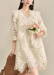 French White V Neck Hollow Out Holiday Mid Dress Fall