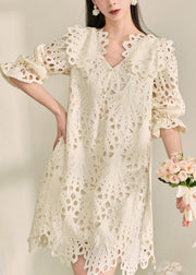French White V Neck Hollow Out Holiday Mid Dress Fall