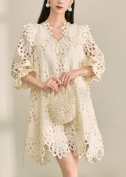 French White V Neck Hollow Out Holiday Mid Dress Fall