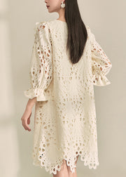 French White V Neck Hollow Out Holiday Mid Dress Fall