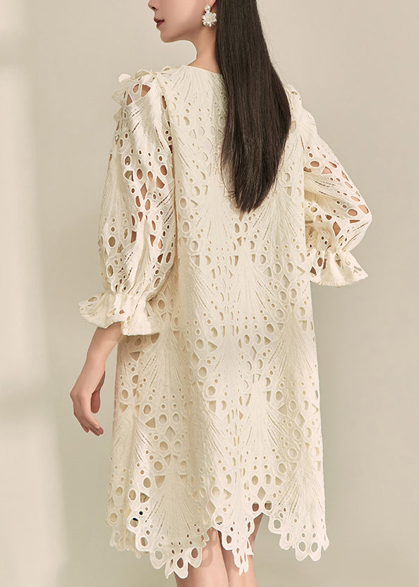 French White V Neck Hollow Out Holiday Mid Dress Fall