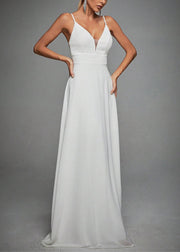 French White V Neck Lace High Waist Spaghetti Strap Dress Sleeveless
