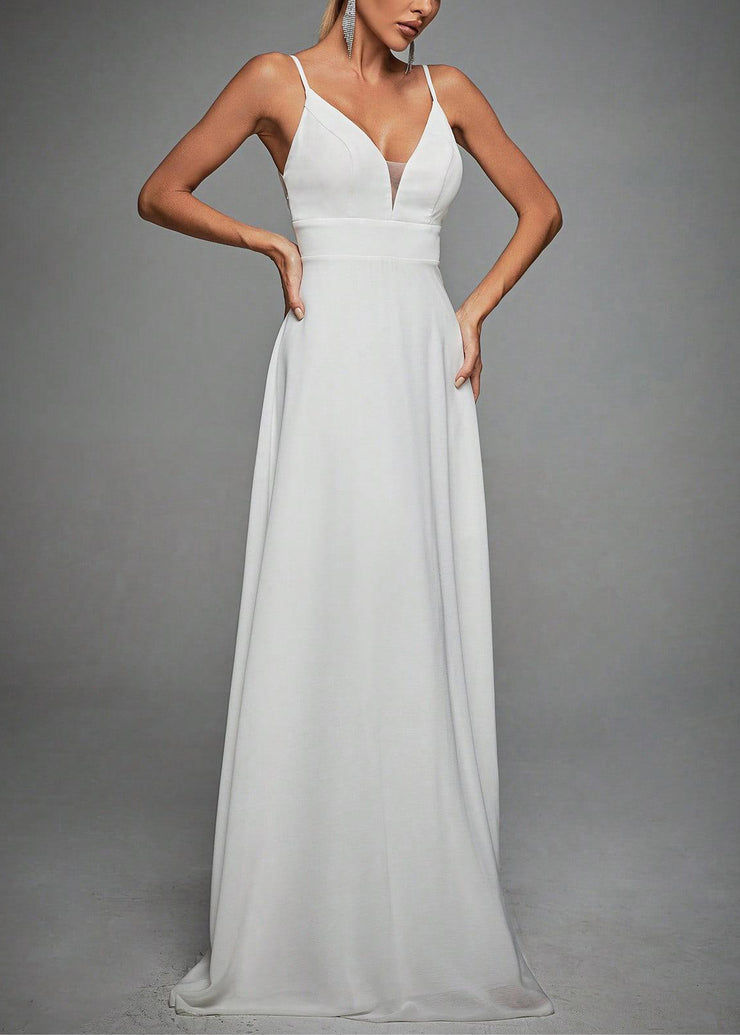 French White V Neck Lace High Waist Spaghetti Strap Dress Sleeveless