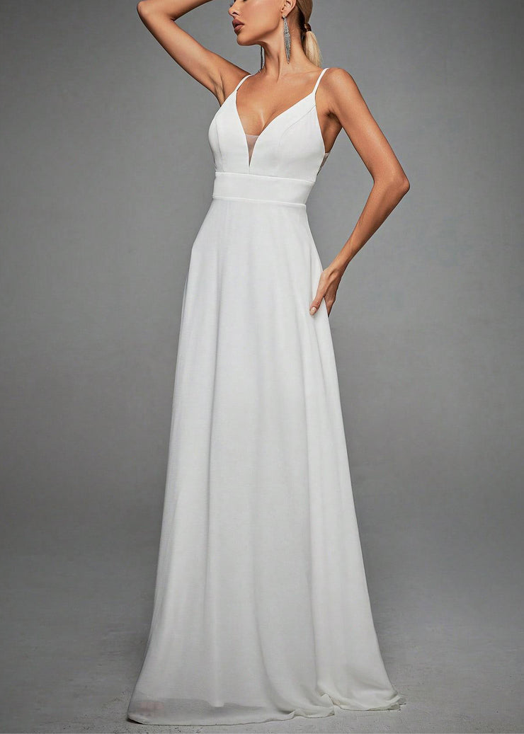 French White V Neck Lace High Waist Spaghetti Strap Dress Sleeveless