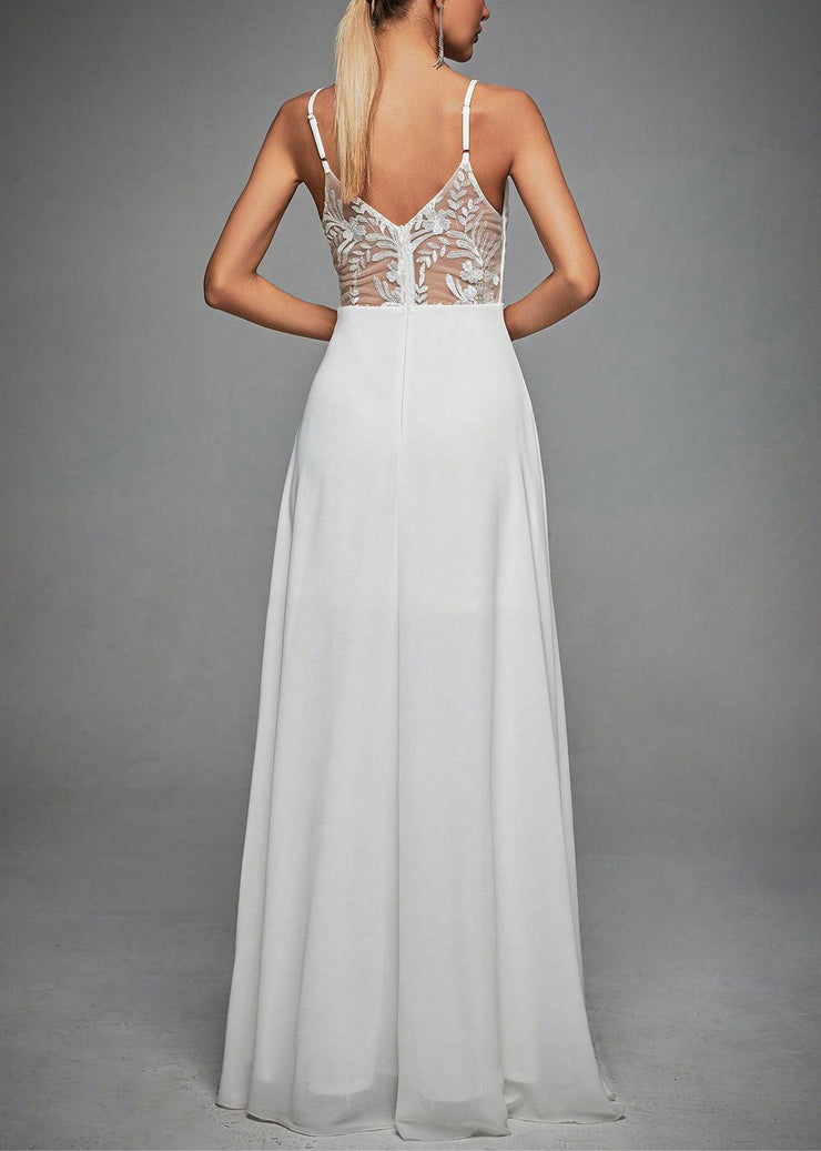 French White V Neck Lace High Waist Spaghetti Strap Dress Sleeveless
