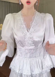 French White V Neck Lace Patchwork Silk Shirt Flare Sleeve