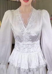 French White V Neck Lace Patchwork Silk Shirt Flare Sleeve