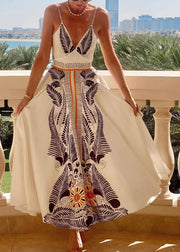 French White V Neck Patchwork Bow Tie Waist Maxi Dresses Sleeveless