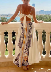 French White V Neck Patchwork Bow Tie Waist Maxi Dresses Sleeveless