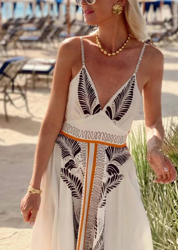 French White V Neck Patchwork Bow Tie Waist Maxi Dresses Sleeveless