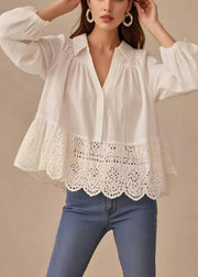 French White V Neck Patchwork Lace Shirt Spring