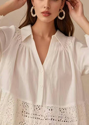 French White V Neck Patchwork Lace Shirt Spring