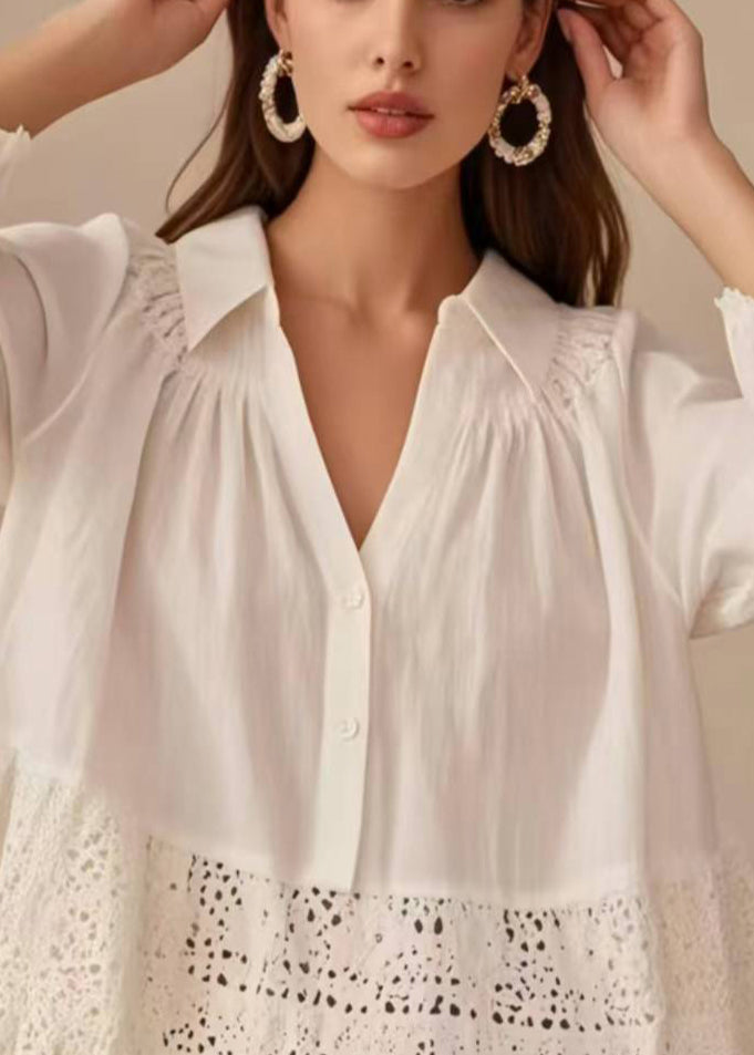 French White V Neck Patchwork Lace Shirt Spring