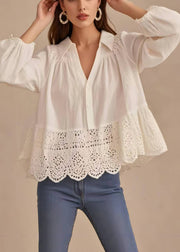 French White V Neck Patchwork Lace Shirt Spring
