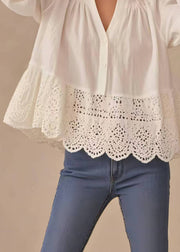 French White V Neck Patchwork Lace Shirt Spring
