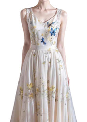 French White V Neck Print Cotton Long Dresses Sleeveless