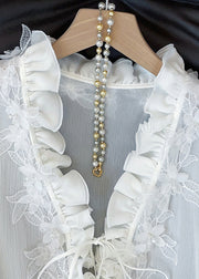 French White V Neck Ruffled Lace Up Cotton Shirt Fall