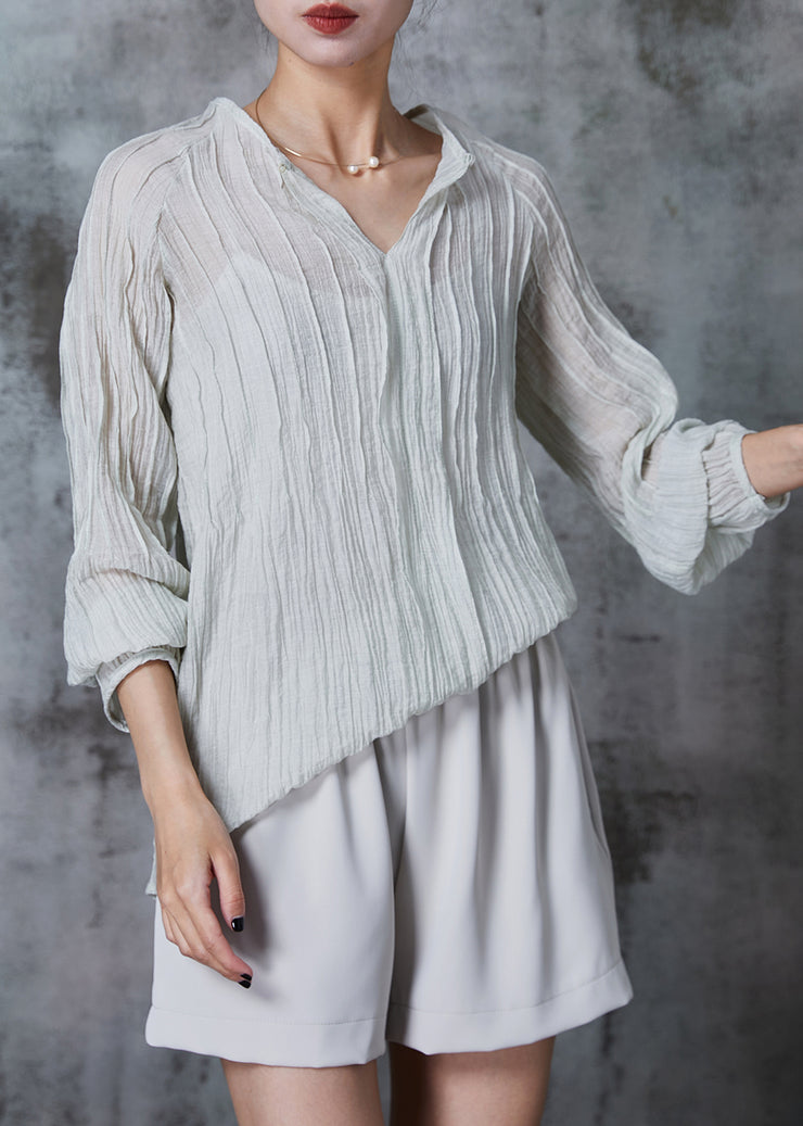 French White V Neck Wrinkled Cotton Two Pieces Set Summer