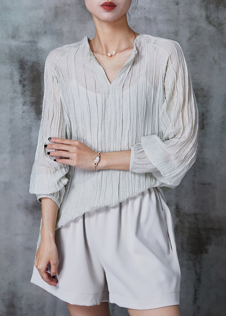 French White V Neck Wrinkled Cotton Two Pieces Set Summer